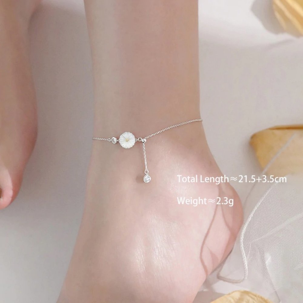 NEW 925 Sterling Silver Shell Diamond Daisy Anklet - Picture 5 of 9